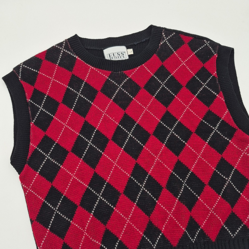 Vintage Russ Petites Red Black Argyle Sweater Vest Acrylic Knit Size L